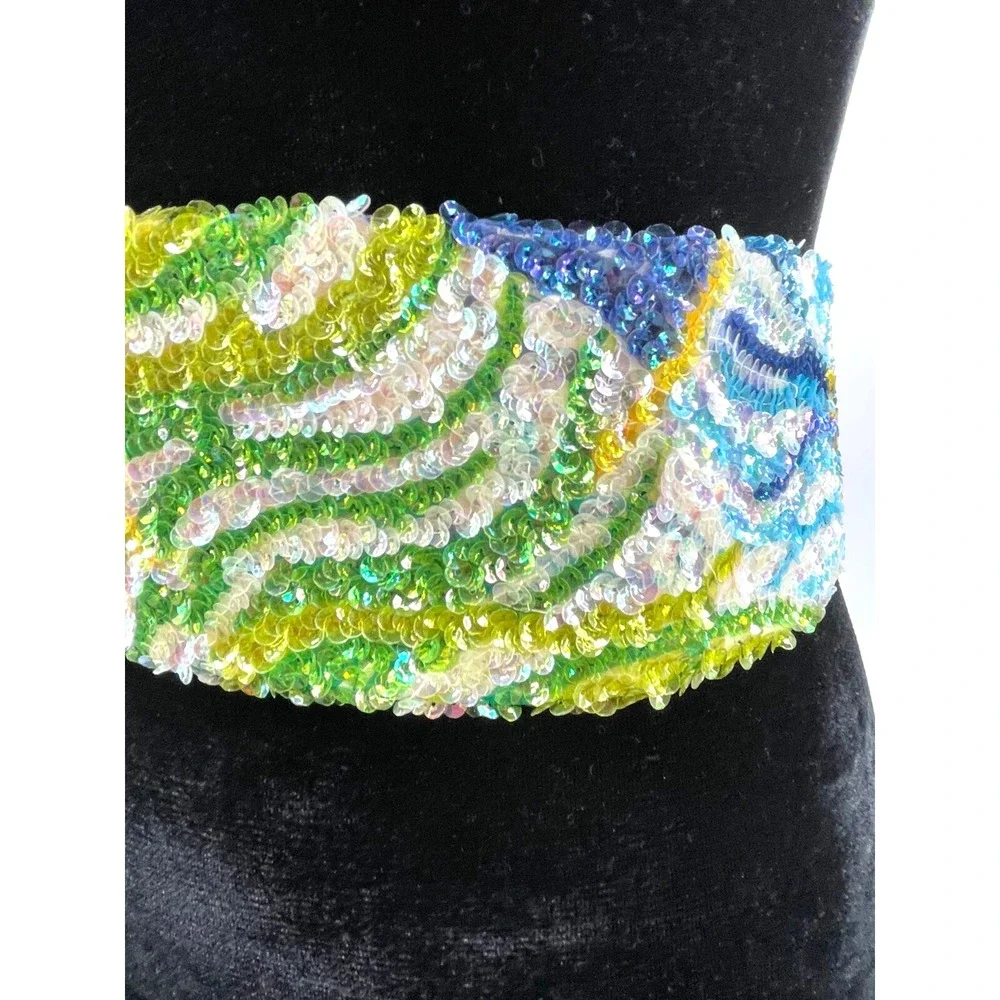 Vintage La Mendola Peacock Retro Hand Beaded Green Pure Silk Chiffon Belt